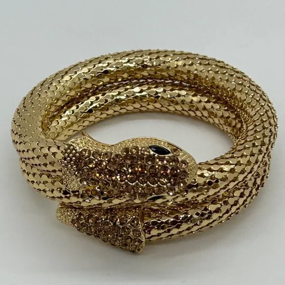 Gold-Tone Memory Wire Snake Bracelet With Black Eyes & Rhinestone Accents - Picture 9 of 10